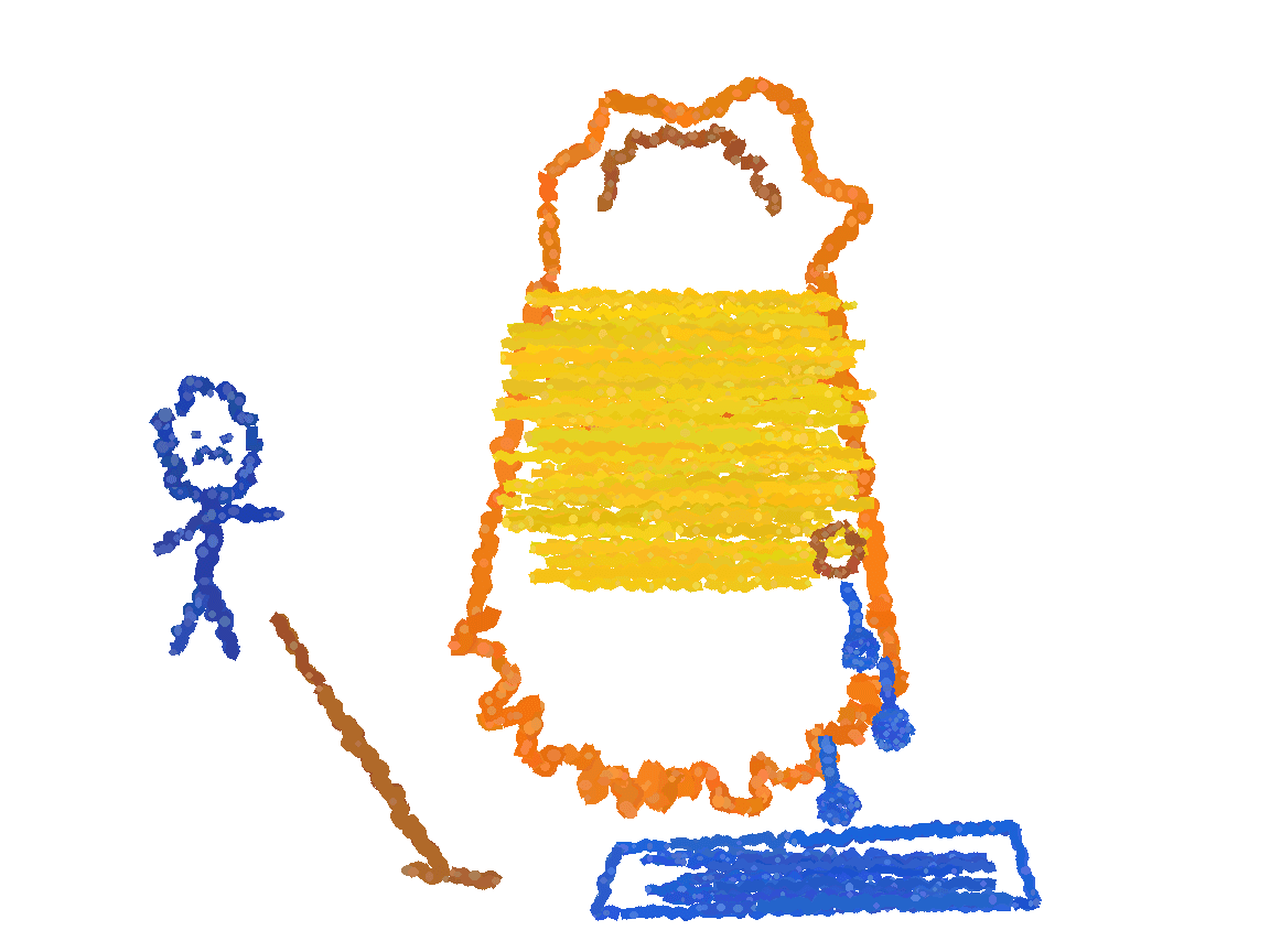Crayon drawing of a MARGIN bucket leaking drips labeled emails, sheets, chasing, and formatting, with a stick figure mopping